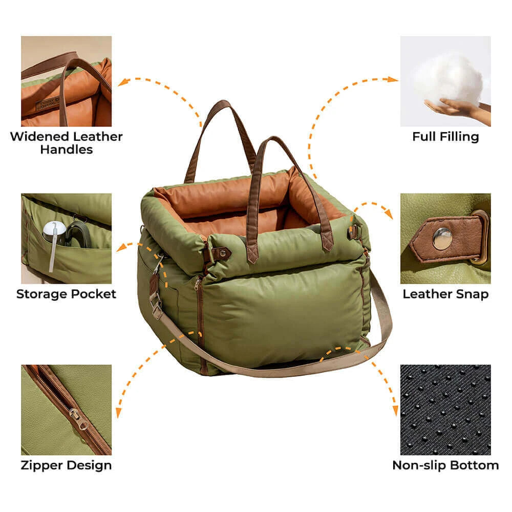 this picture emphasizing the product description for this bag like handle are made of widened leather , storage pockets are available, having a zipper design give ease to the customers to open it effortlessly. fullfilled by the cotton fabric. anti slip bottom of the dog  car seat prevent the dog to slip away.
