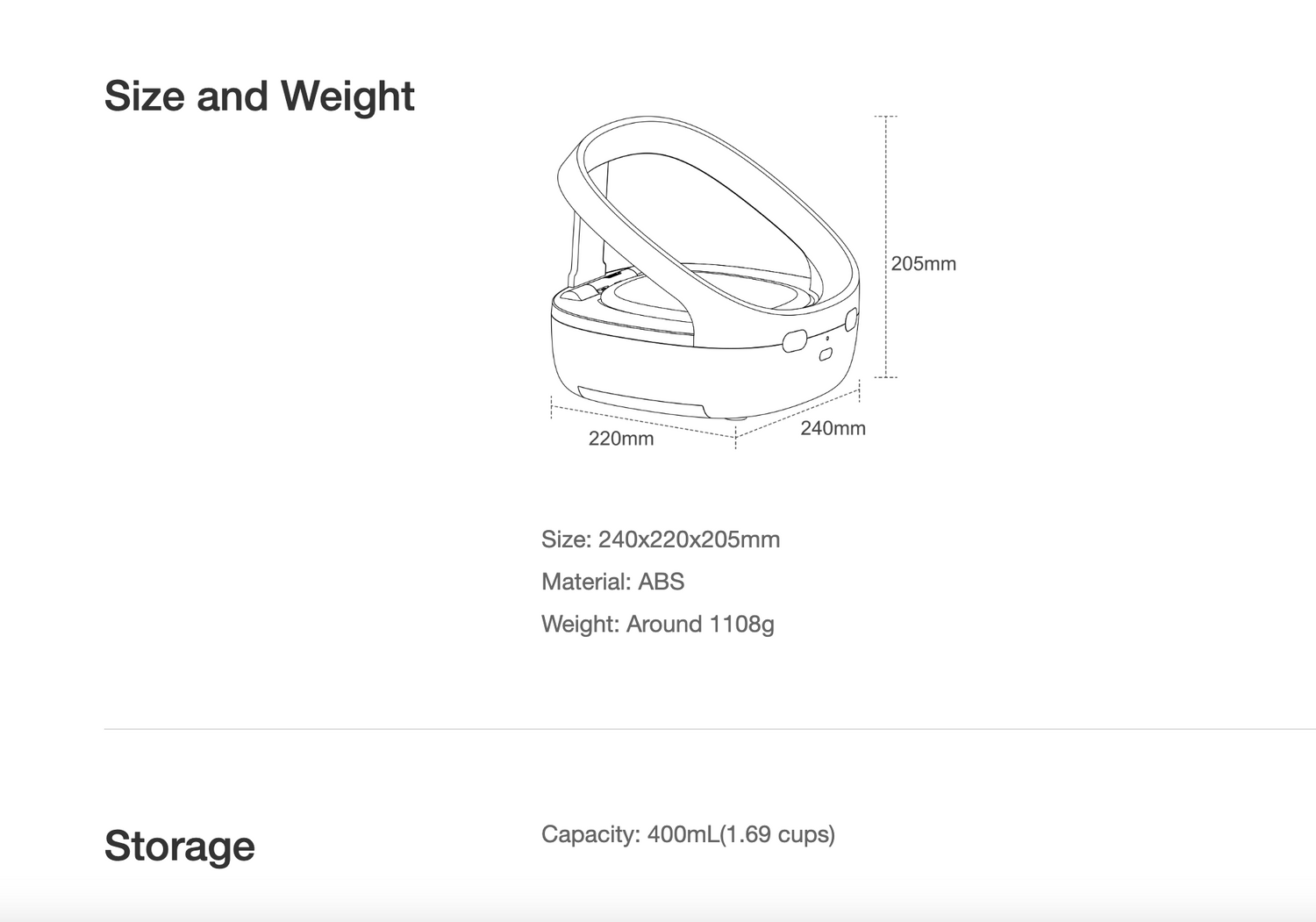 This picture represents the size and weight of automatic anti theft cat feeder for the cat and small dogs. it also shows that it have 400ml of capacity.
