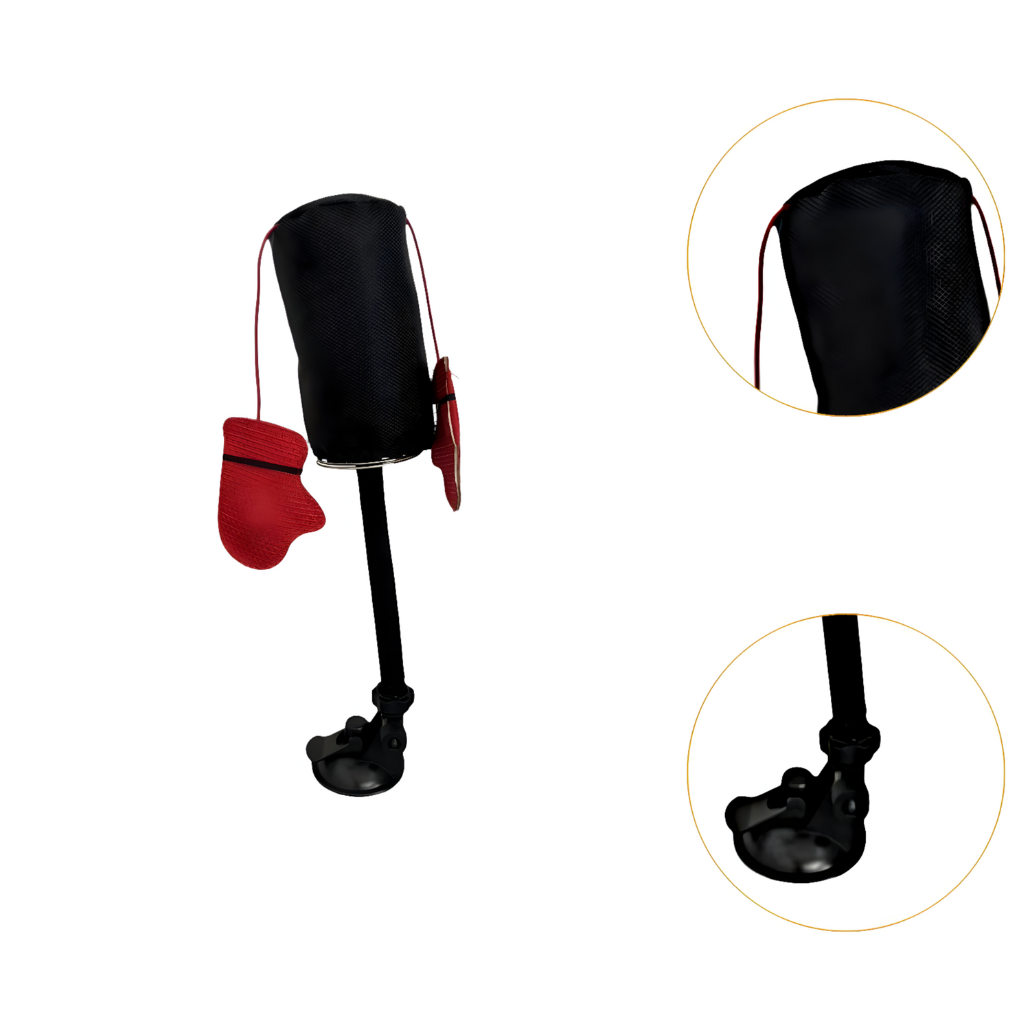 A durable black punching bag cat toy with red boxing gloves, mounted on a sturdy suction base. Designed for interactive play, exercise, and stress relief."