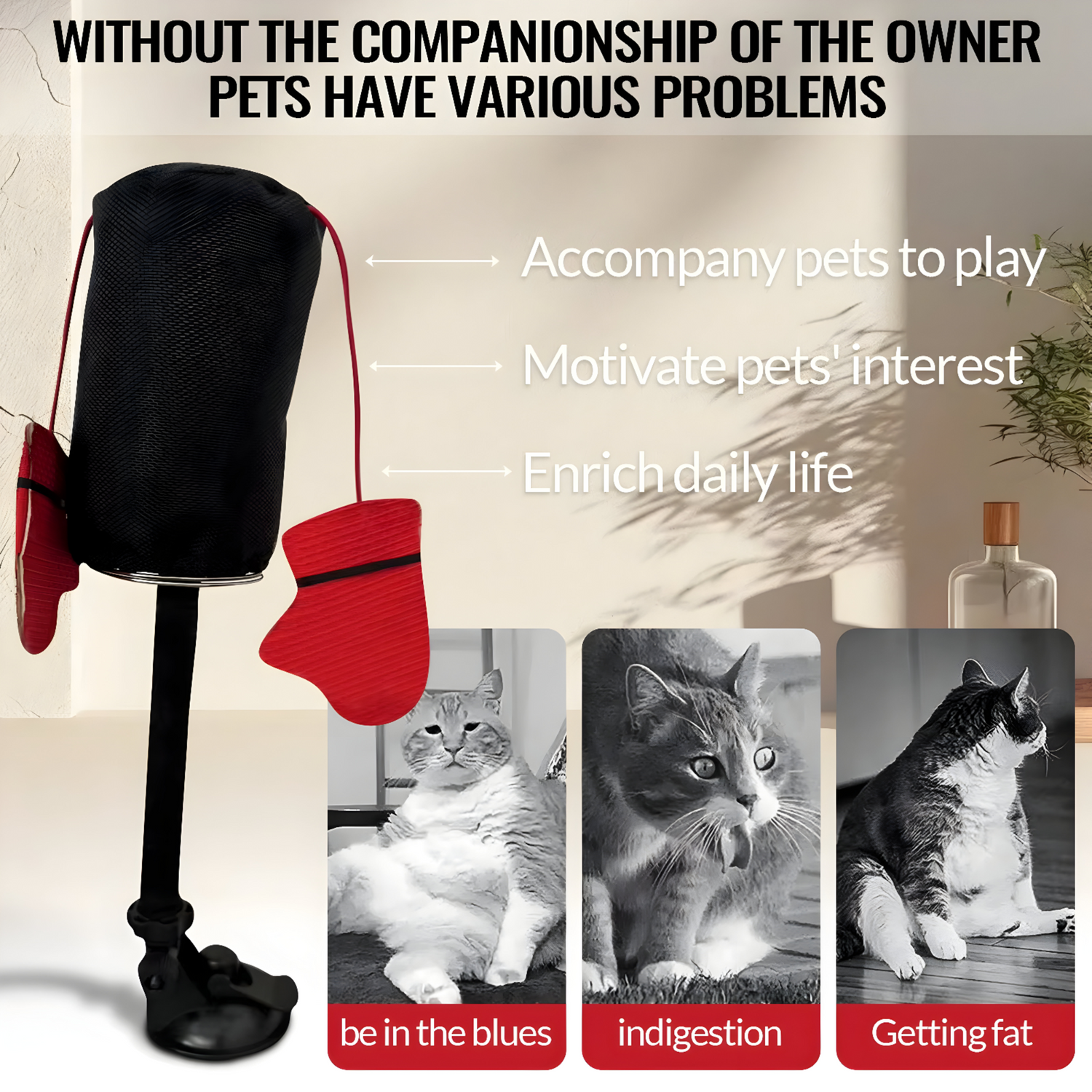 "Interactive cat punching bag toy made of durable plastic, featuring red boxing gloves filled with catnip. Equipped with a strong suction base for stability, ensuring safe and engaging play for cats of all sizes." enrich daily life, motivate pet inetrest and accompany pets to play

