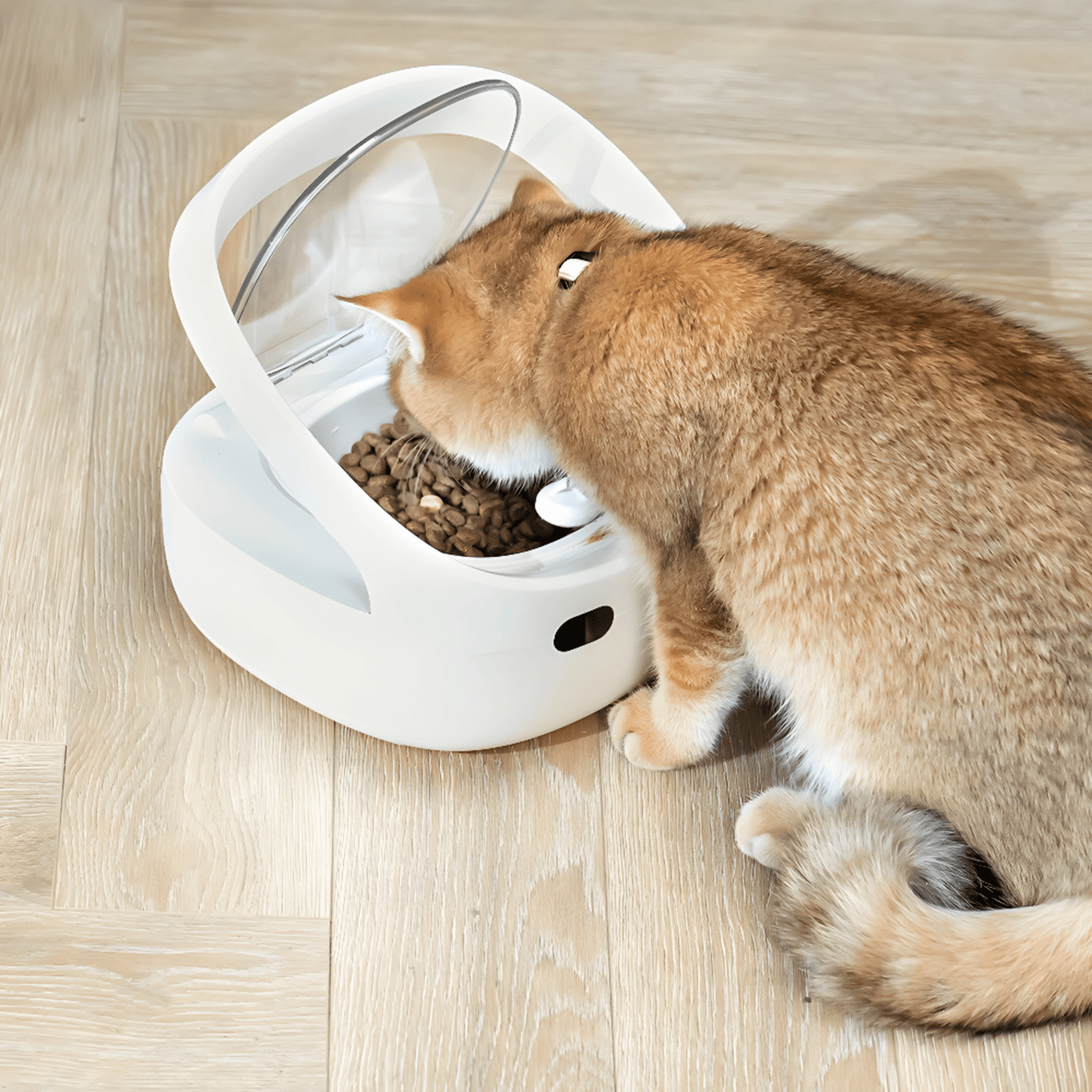 A content cat happily eating from its Stress-free Automatic  feeding with RFID-enabled cat feeder savoring a fresh and delicious meal in peace."